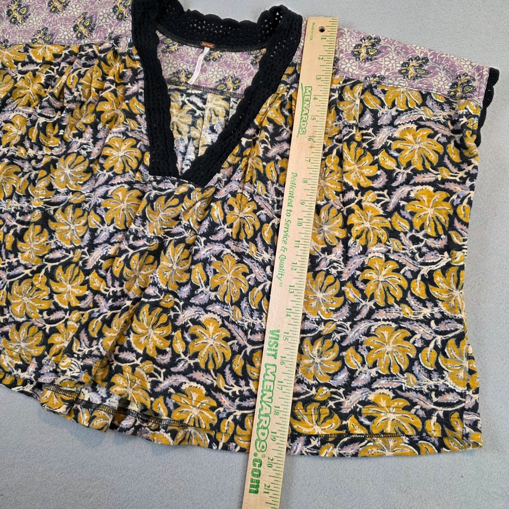 Free People Mixed Floral Boho Crochet V-Neck Cap Sleeve Top Mustard Purple Med - Picture 9 of 10